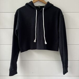 Cropped Black Hoodie Sweatshirt Cotton Blend Women's Small